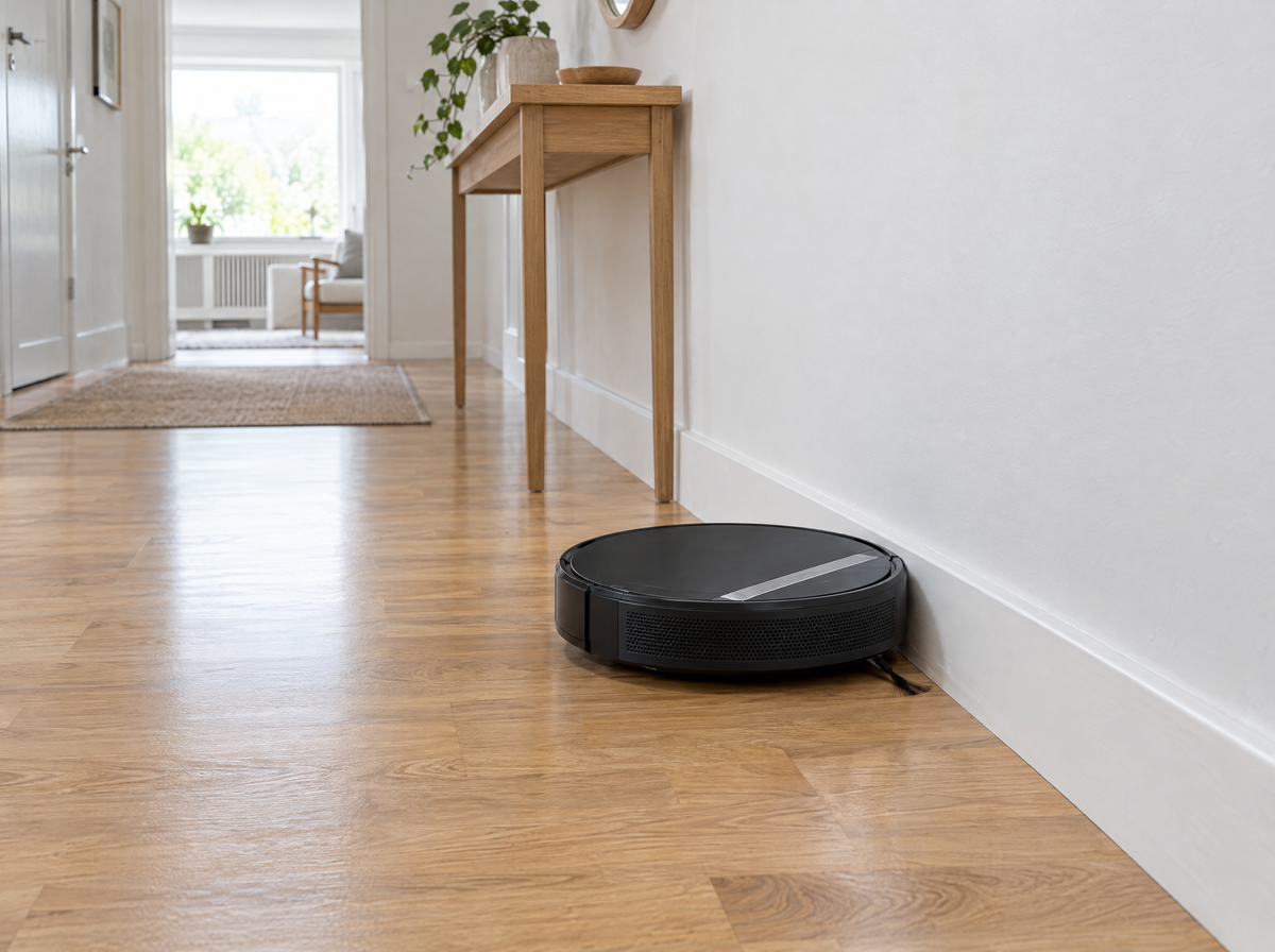 Movmt robotdammsugare rengör längs väggen i en hall
