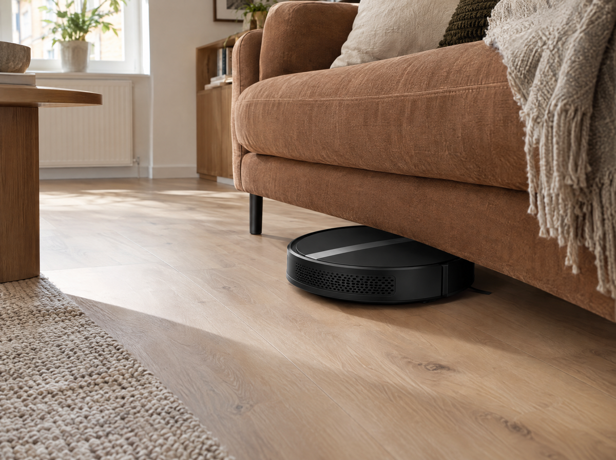 Movmt robotdammsugare städar under en soffa i vardagsrum